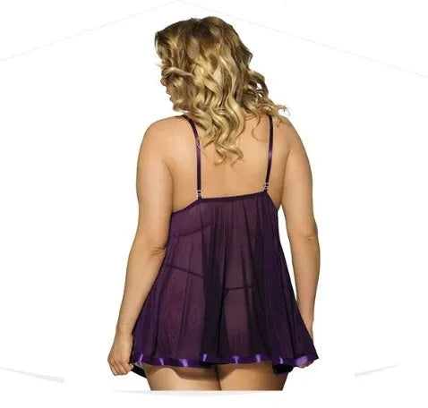 Women's purple polyester sleepdress with lace detailing and mesh panels in sling dress style