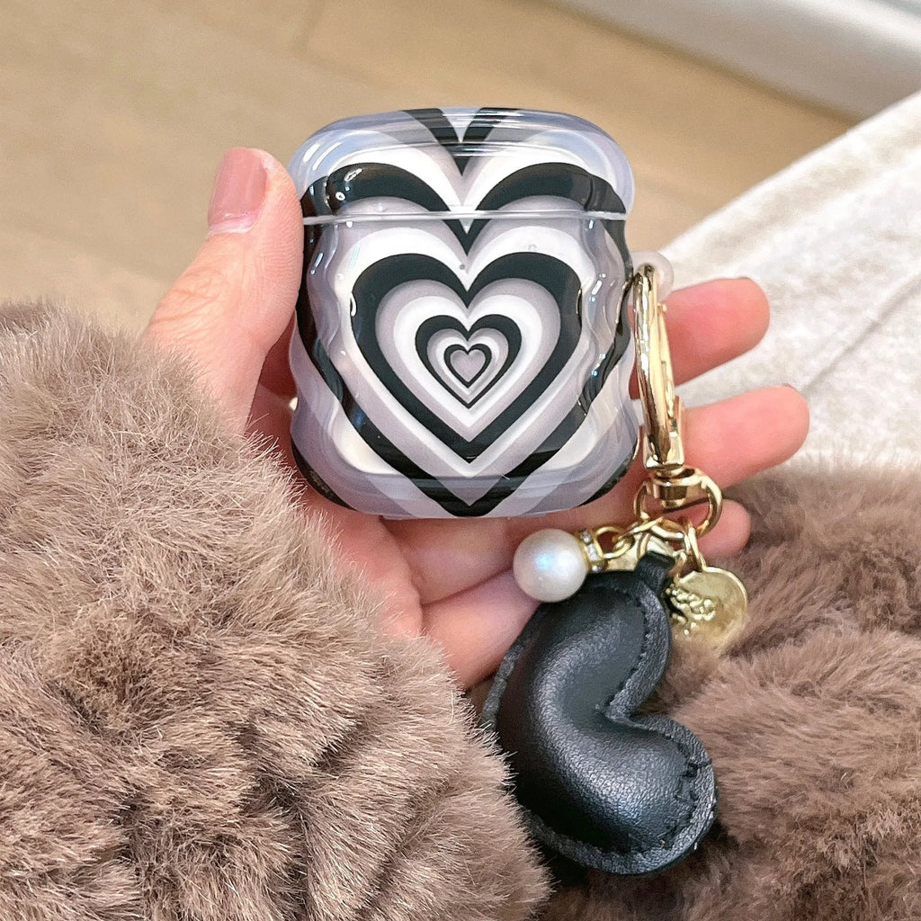 Black stacked heart silicone earphone case for AirPods with pendant, compatible with AirPods 1, 2, 3, Pro and Pro 2
