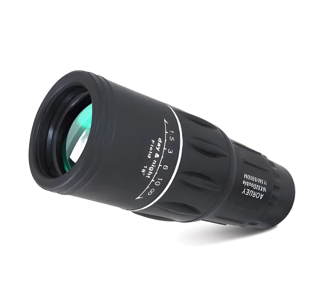 Black 16x52 monocular telescope showing compact 145mm size with 52mm objective lens and eyepiece adjustment