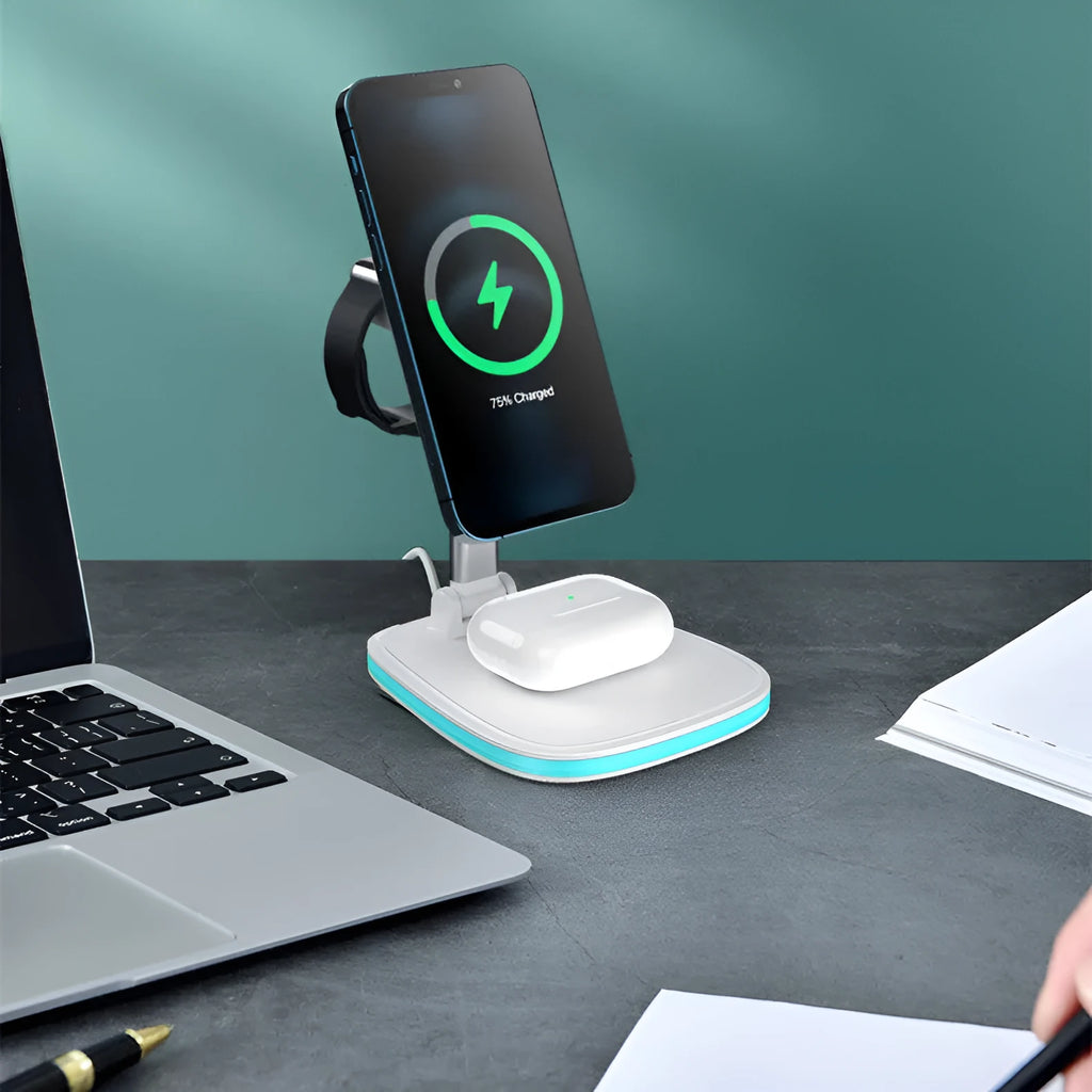 Three-in-one foldable magnetic wireless charger in black ABS, for phone, watch and earbuds