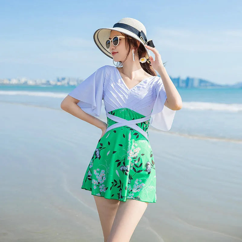 Women's blue and green printed one-piece swimsuit in chemical fibre fabric