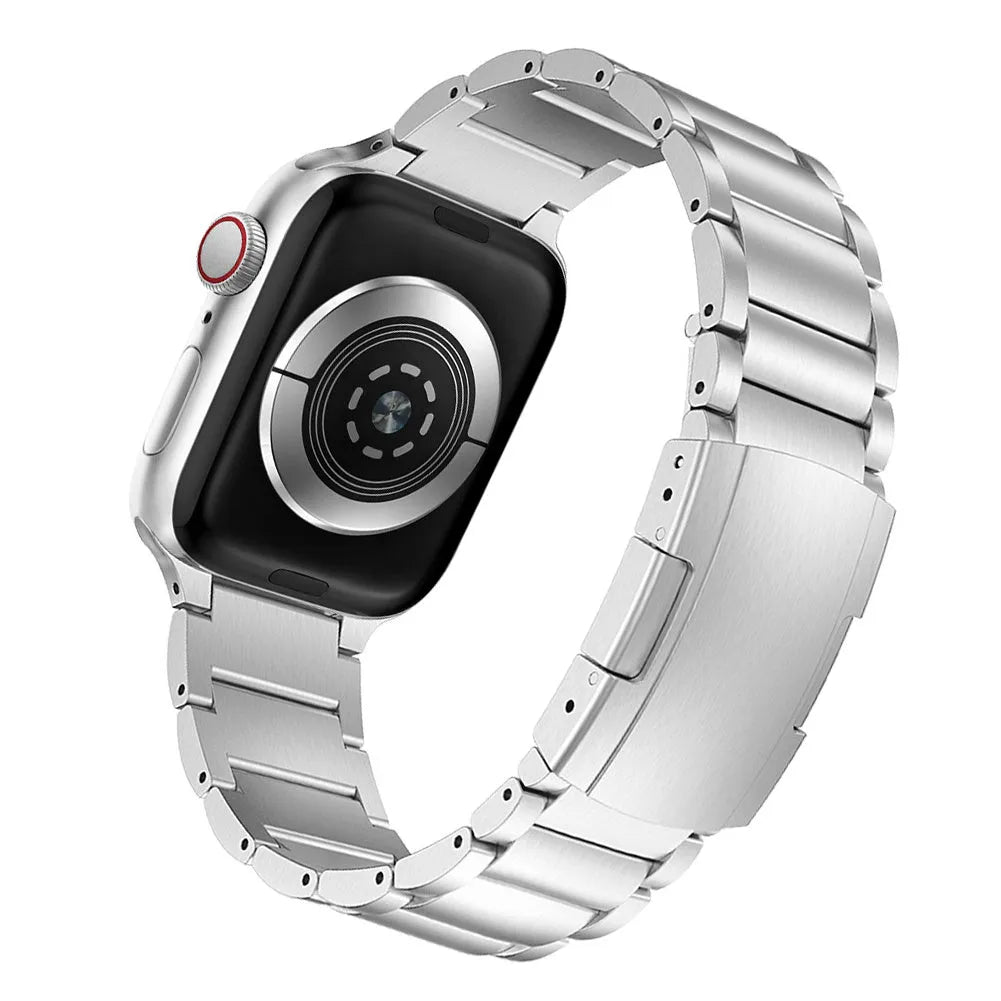Titanium alloy Apple Watch replacement strap with folding buckle in black and silver colours