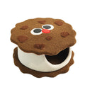 Khaki coloured sandwich cookie shaped enclosed cat nest bed with removable cushion for indoor winter sleeping
