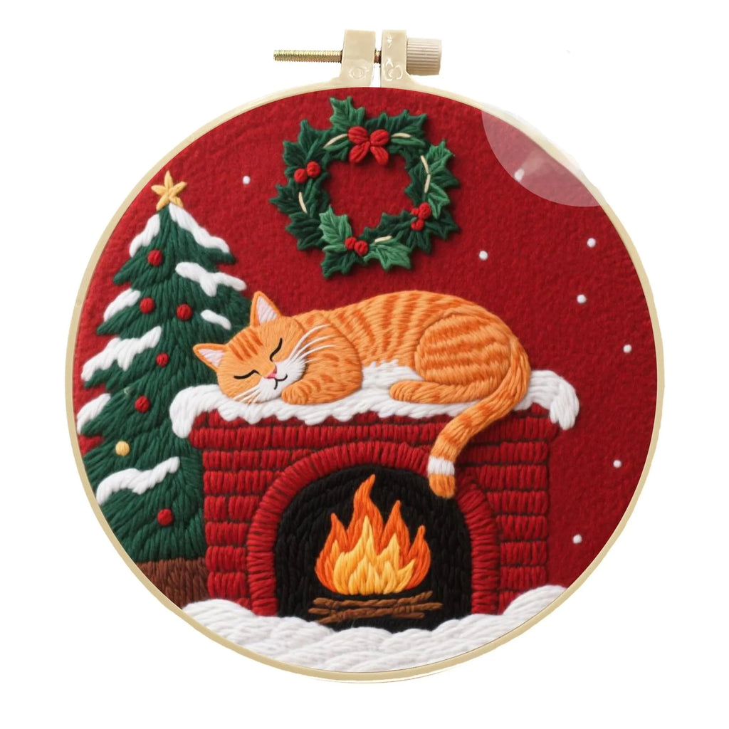 Cat embroidery DIY kit showing cotton linen fabric with autumn fruit pattern, a 20cm imitation bamboo hoop, and scissors.