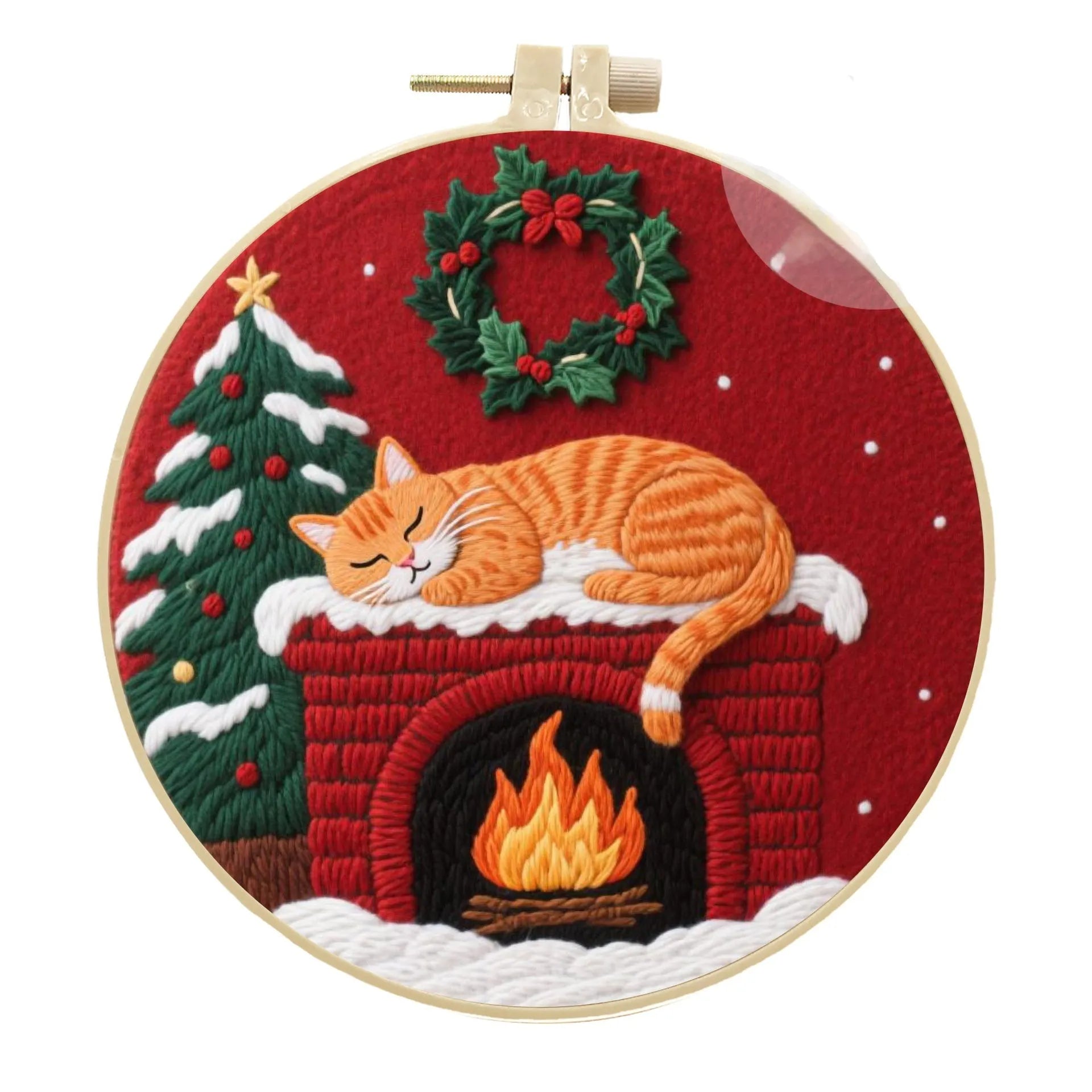 Cat embroidery DIY kit showing cotton linen fabric with autumn fruit pattern, a 20cm imitation bamboo hoop, and scissors.