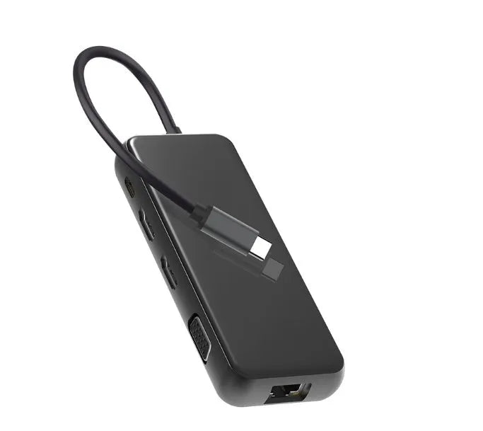 9in1 USB hub with dual HDMI, VGA, and Gigabit Ethernet ports on a desk