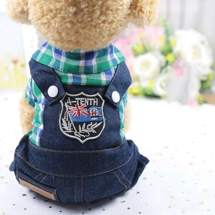 Green denim four-legged dog outfit for small breeds, casual style, size M
