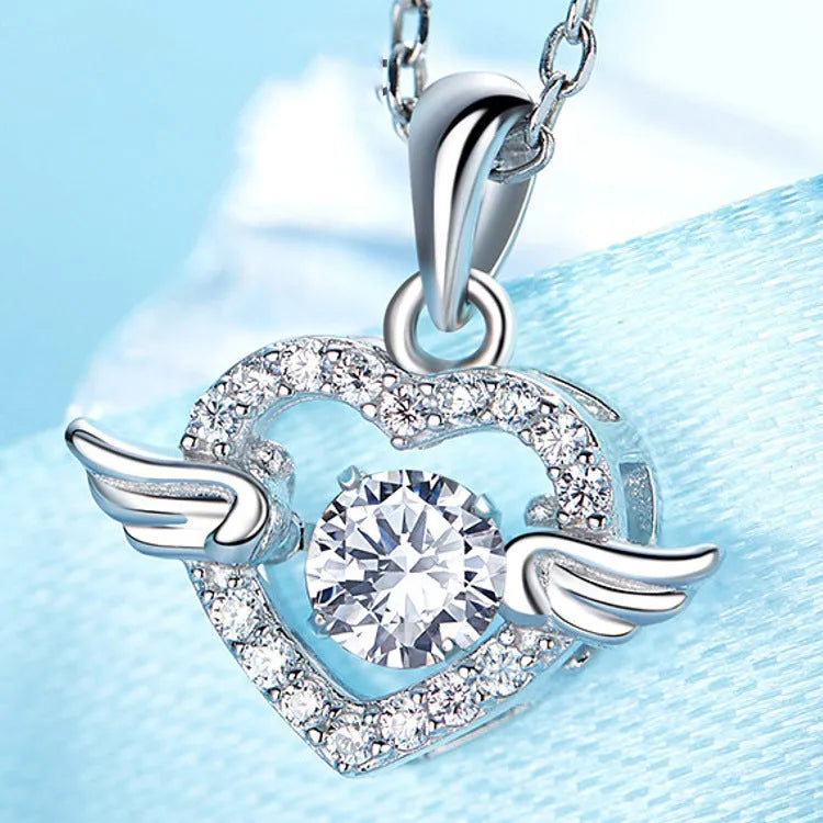 S925 sterling silver angel wings pendant with Swiss 4A zirconium diamond, 17mm, silver colour, simple style