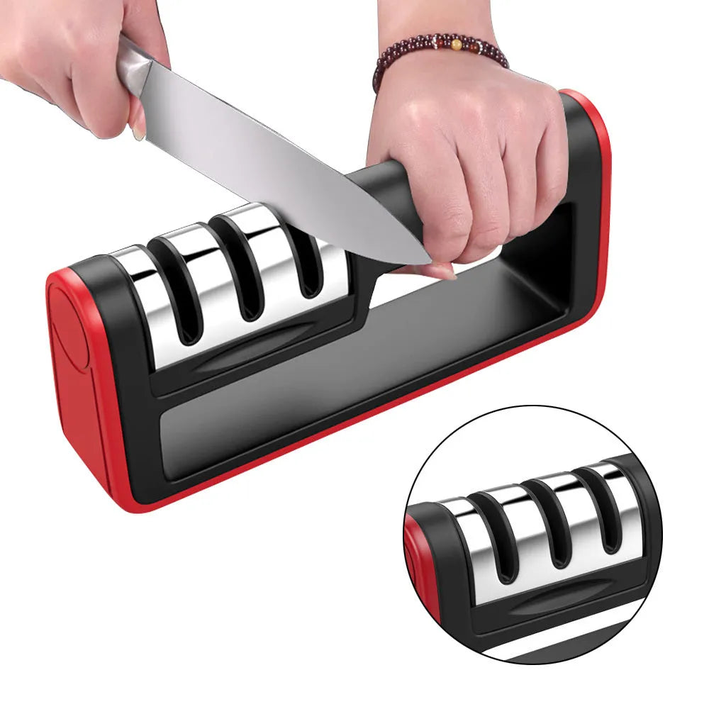 Professional black and red 3-stage knife sharpener with non-skid rubber feet