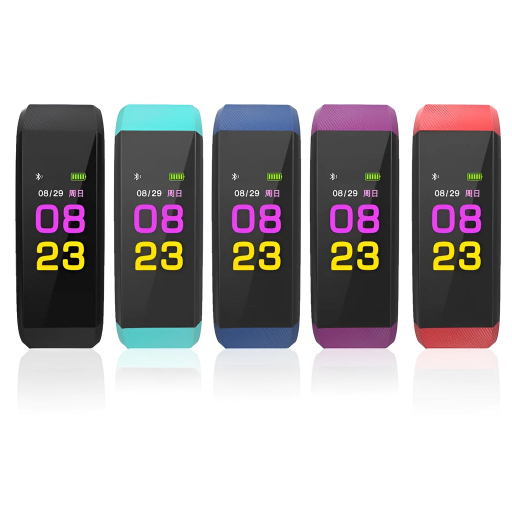 Smart wristband fitness tracker with 0.96in colour LED screen, heart rate monitor, TPU band, available in Black, Blue, Green, Purple and Red.