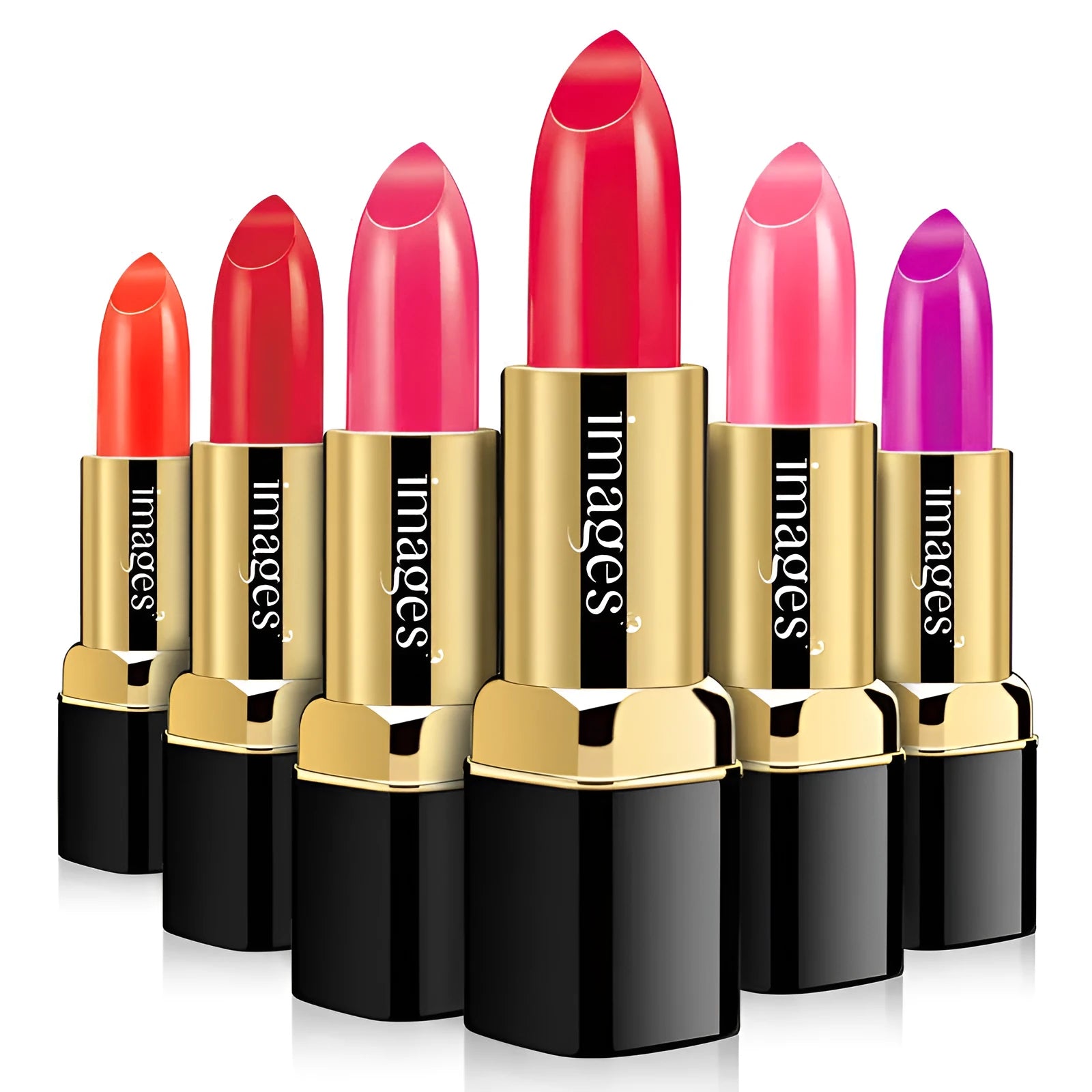 Lipstick lip gloss in a case showing colour range including coral red, bright orange, and Barbie pink.