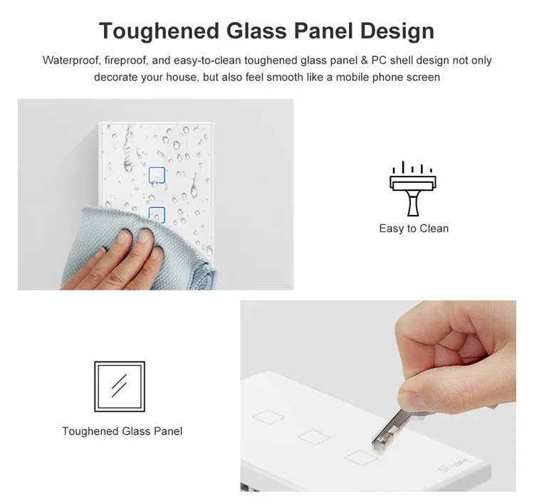 Smart wall switch with tempered glass panel, touch control, 220-250V 10A rating and 120mm mounting hole distance