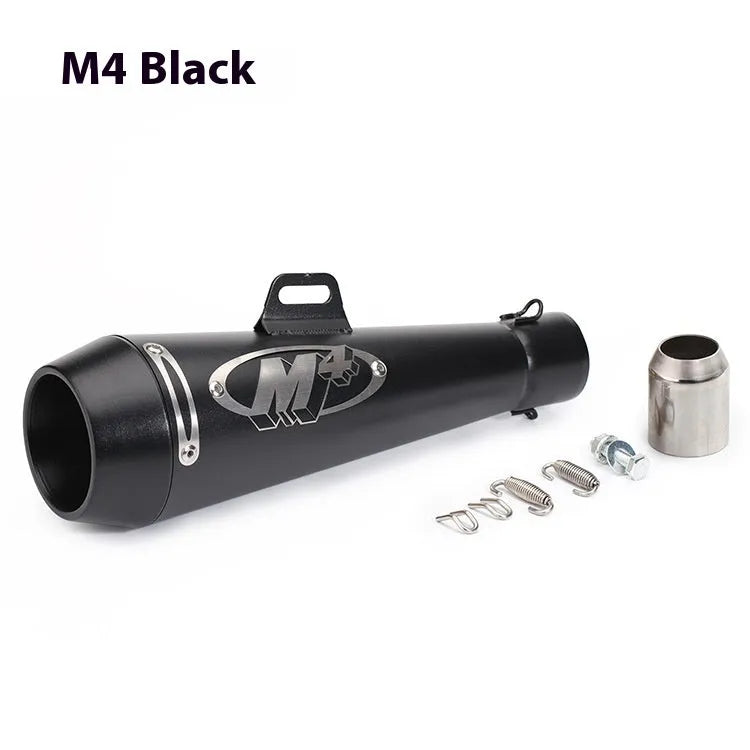 M4 universal motorcycle exhaust pipe in stainless steel, showing various finish options like black, titanium, and half blue.