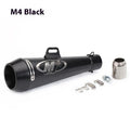 M4 universal motorcycle exhaust pipe in stainless steel, showing various finish options like black, titanium, and half blue.