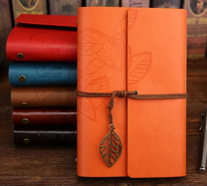Artificial leather leaf-shaped notepad diary with beige paper, 150 pages, brown colour, large size