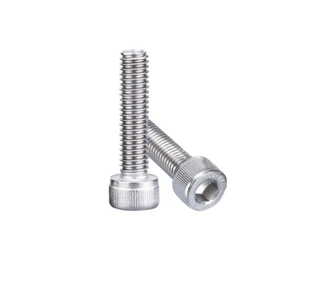 Stainless steel phono cartridge mounting kit with allen bolts, nuts, washers, and two allen keys.