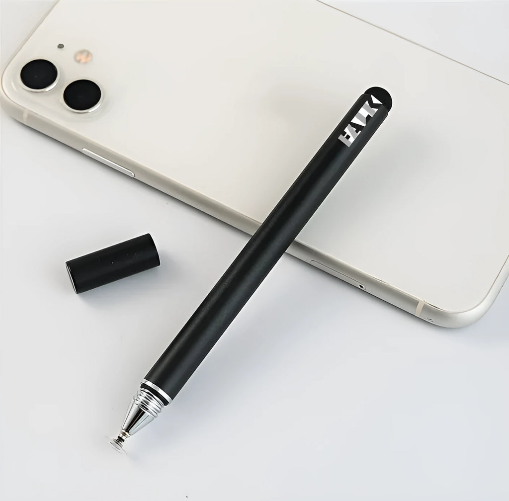 Black disc touch screen pen with aluminium handle, copper parts, 124.2mm long, dual-headed stylus