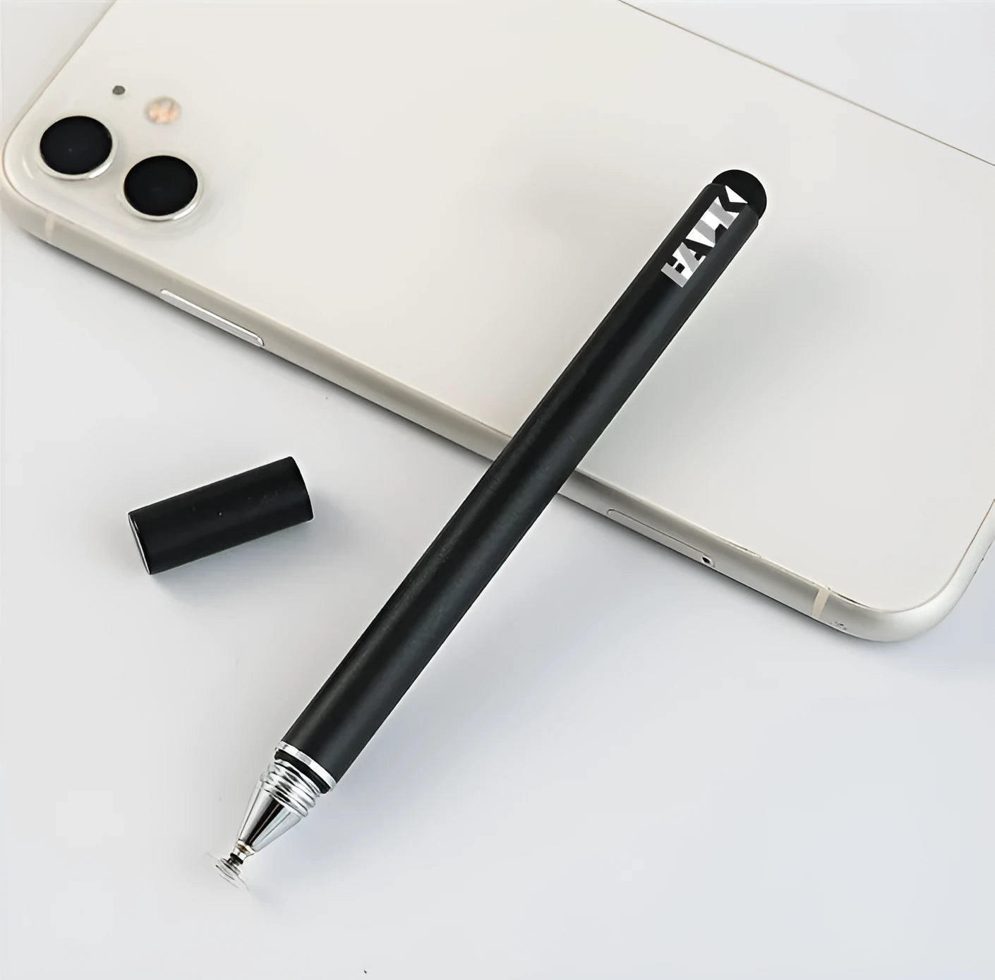 Black disc touch screen pen with aluminium handle, copper parts, 124.2mm long, dual-headed stylus