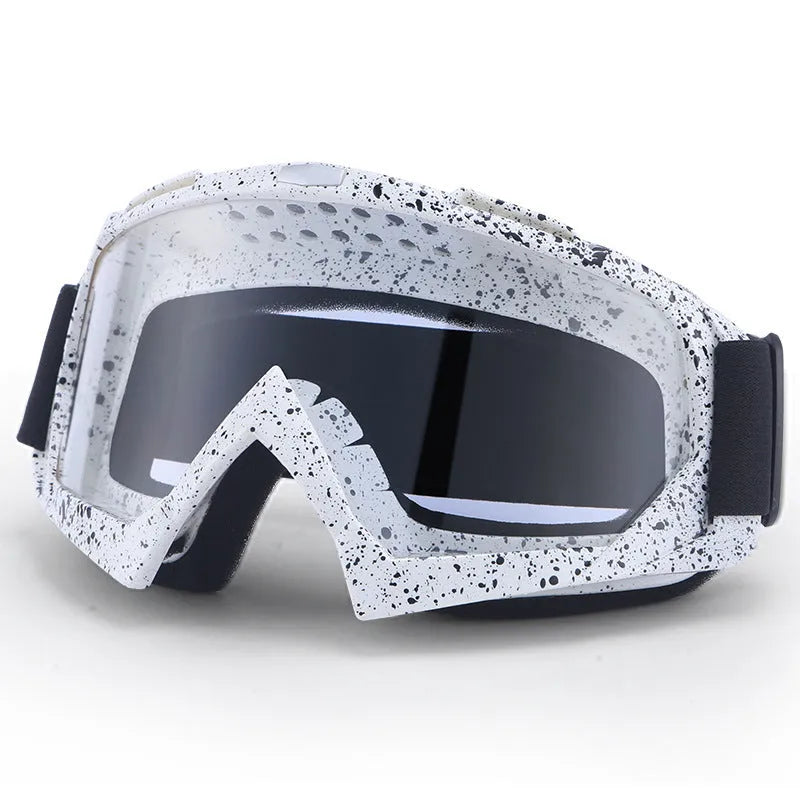 Motorcycle CrossCountry goggles with pure TPU full rim frame, windproof design, and frame colour swatches