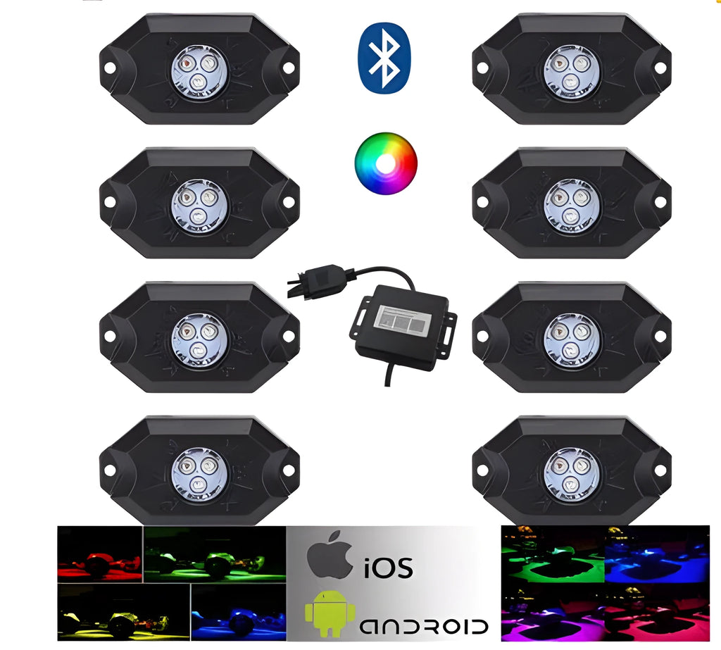 Eight-piece undercarriage LED atmosphere light set with RGB colours, die-cast aluminium housing, and CREE lamp beads for off-road vehicles