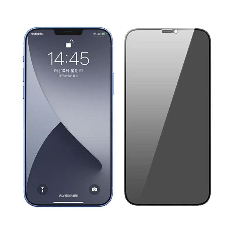Anti-peep tempered glass screen protector for iPhone 12, black, with privacy viewing angle.