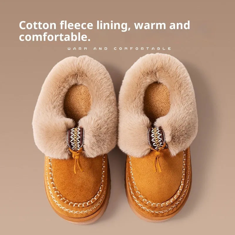 Ladies' fleece-lined plush short boots in black, khaki or brown with round toe and fabric upper