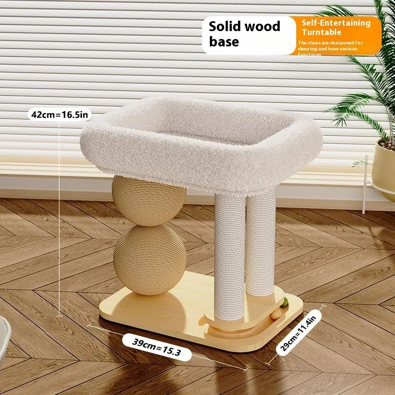 Natural pine wood cat nest frame with two integrated scratching balls, shown with a choice of sisal rope or soft fabric mat surface.