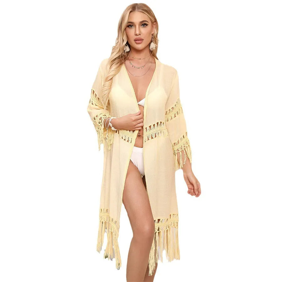 Hand crocheted acrylic beach cover-up cardigan with tassel trim in yellow colour