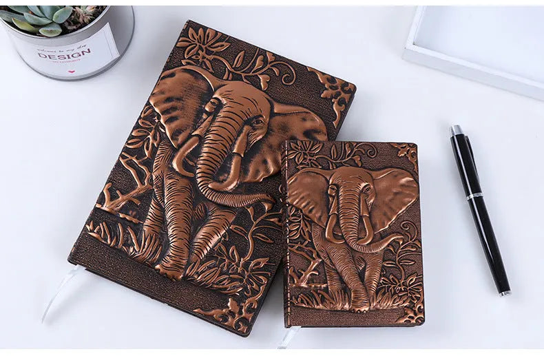 Embossed retro hardcover notebook with PU leather cover, bronze relief highlights, 13.5x20.5cm beige paper, 180-degree spreadable binding
