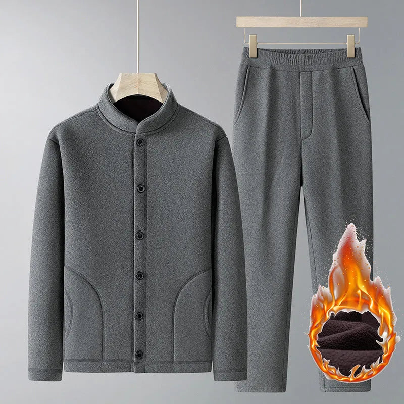 Men's large size dark gray velvet sport suit with long-sleeve coat and trousers, polyester fabric with wool lining
