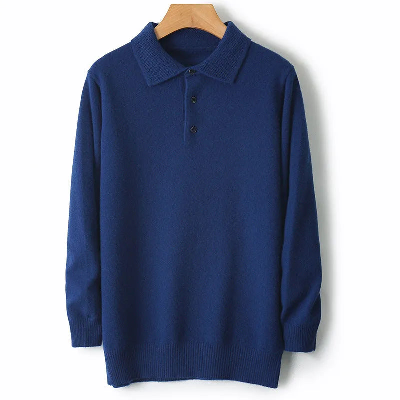 Men's grey polo collar wool blend pullover sweater on a hanger