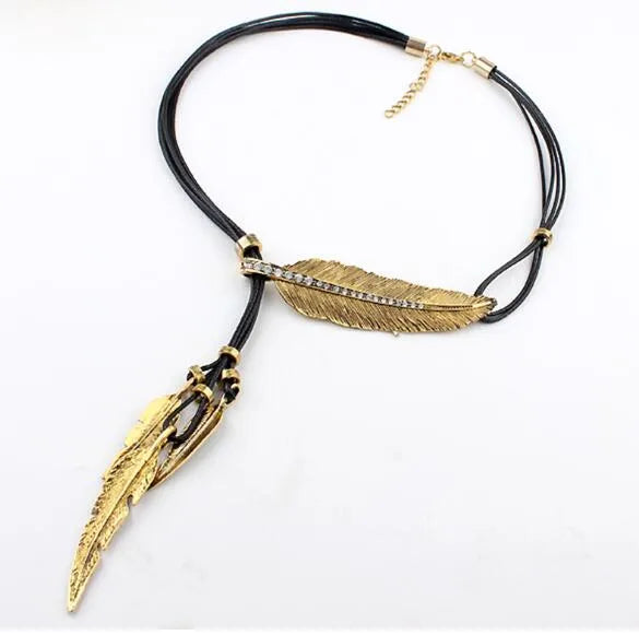 Black leather rope multilayer feather leaf tassel pendant necklace in ancient silver and black on horse whip chain