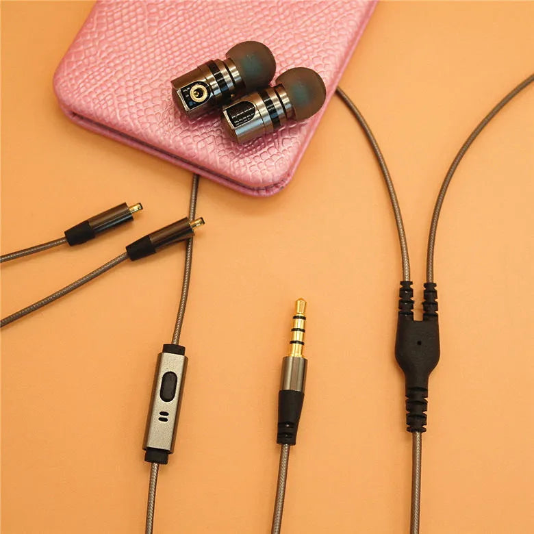 Titanium grey metal in-ear earphones with a braided aluminium foil and TPE cable and detachable connectors.