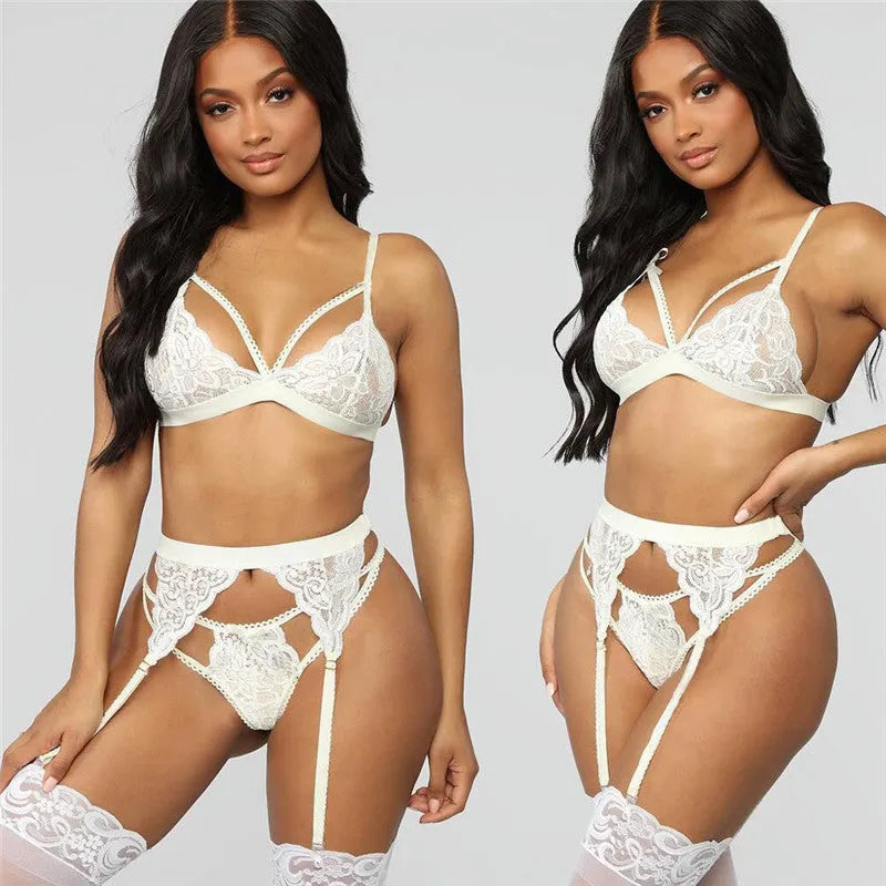 Ladies seamless bra set with rabbit fur main fabric and flax lining, in black, red or white, sizes S to 3XL
