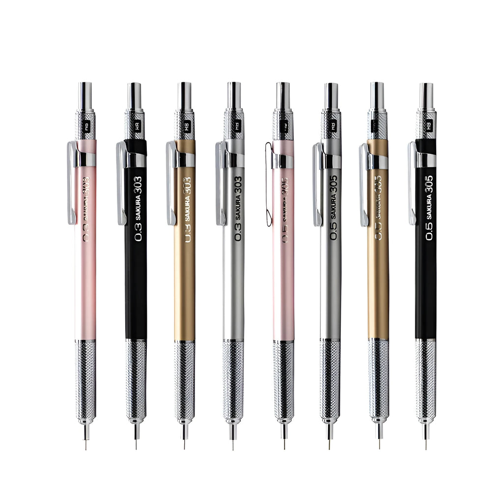 Japanese metal mechanical pencil in gold, silver, black, or pink, showing 0.3mm and 0.5mm lead size options.