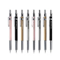 Japanese metal mechanical pencil in gold, silver, black, or pink, showing 0.3mm and 0.5mm lead size options.