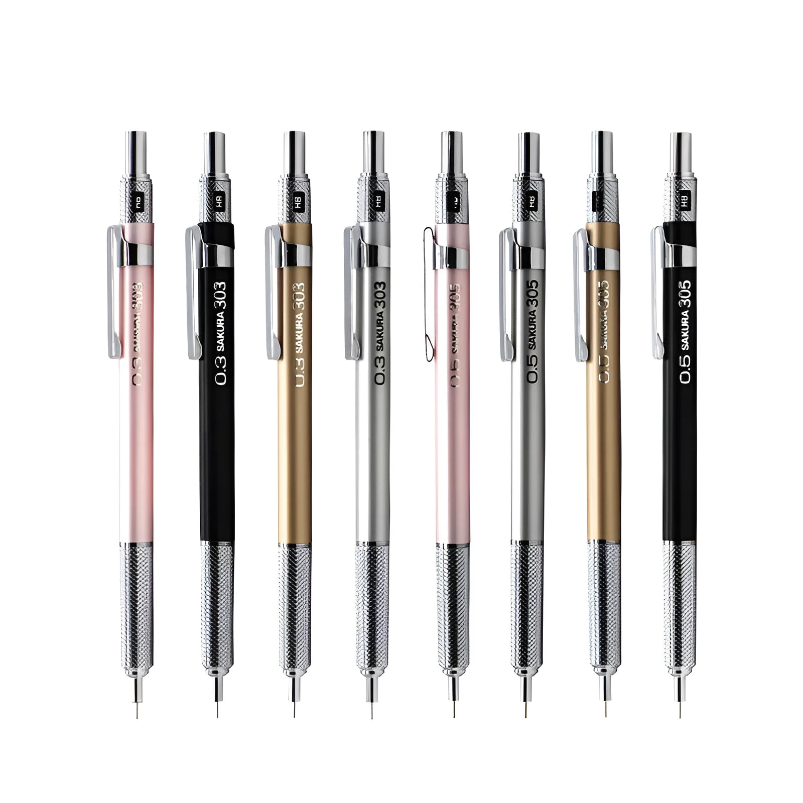 Japanese metal mechanical pencil in gold, silver, black, or pink, showing 0.3mm and 0.5mm lead size options.