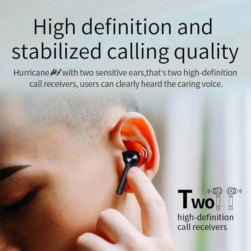 Black TWS Bluetooth headset with compact charging case measuring 60 x 67.5 mm