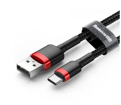 Grey and black woven nylon Android micro USB charging cable shown coiled with connector visible