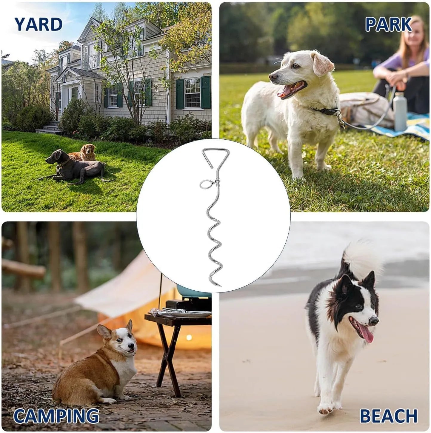 Steel spiral dog tie out stake measuring 8mm diameter by 40cm length with rust-resistant finish