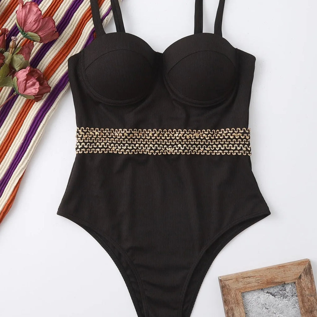 Black women's one-piece swimsuit with adjustable shoulder straps for swimming