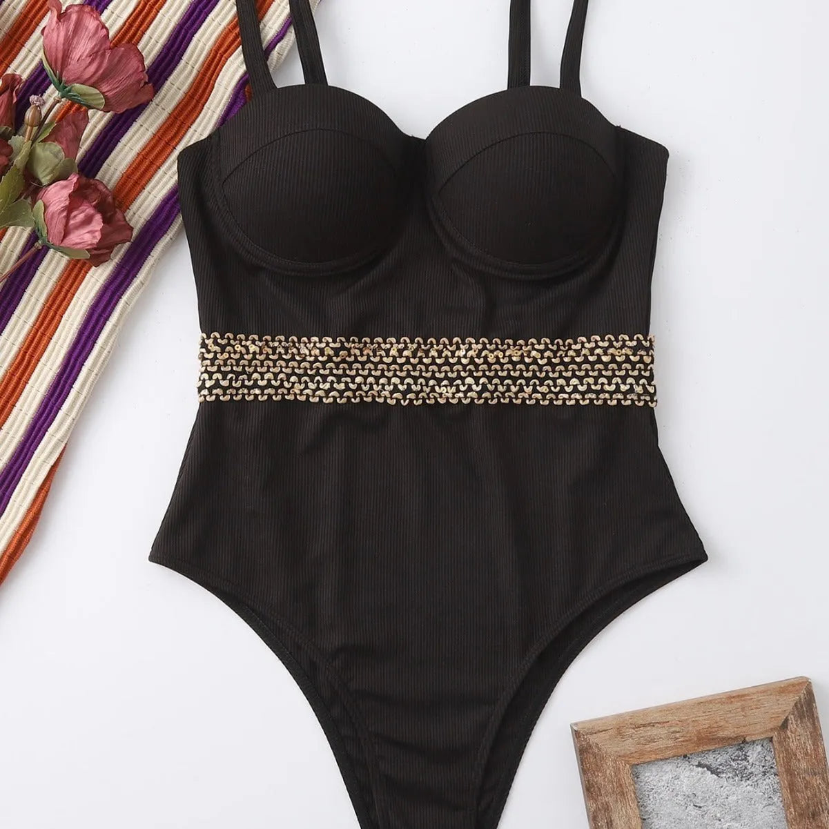 Black women's one-piece swimsuit with adjustable shoulder straps for swimming