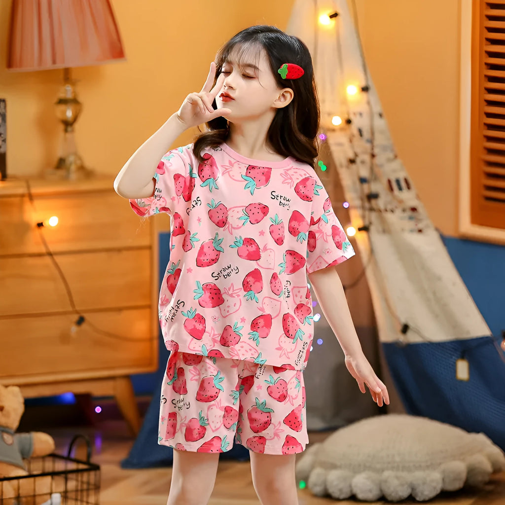 Cotton children's summer short-sleeved homewear set with cartoon strawberry pattern for kids