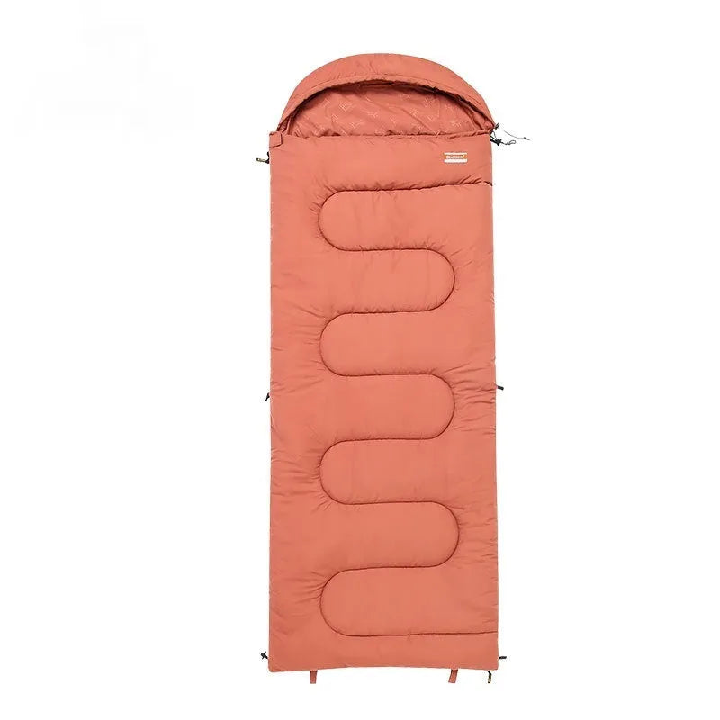 Outdoor cotton sleeping bag quilt rolled up, shown in ochre and olive green colour options.