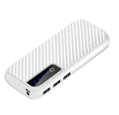 Compact 20000mAh portable power bank showing colour options including black, blue, pink and white