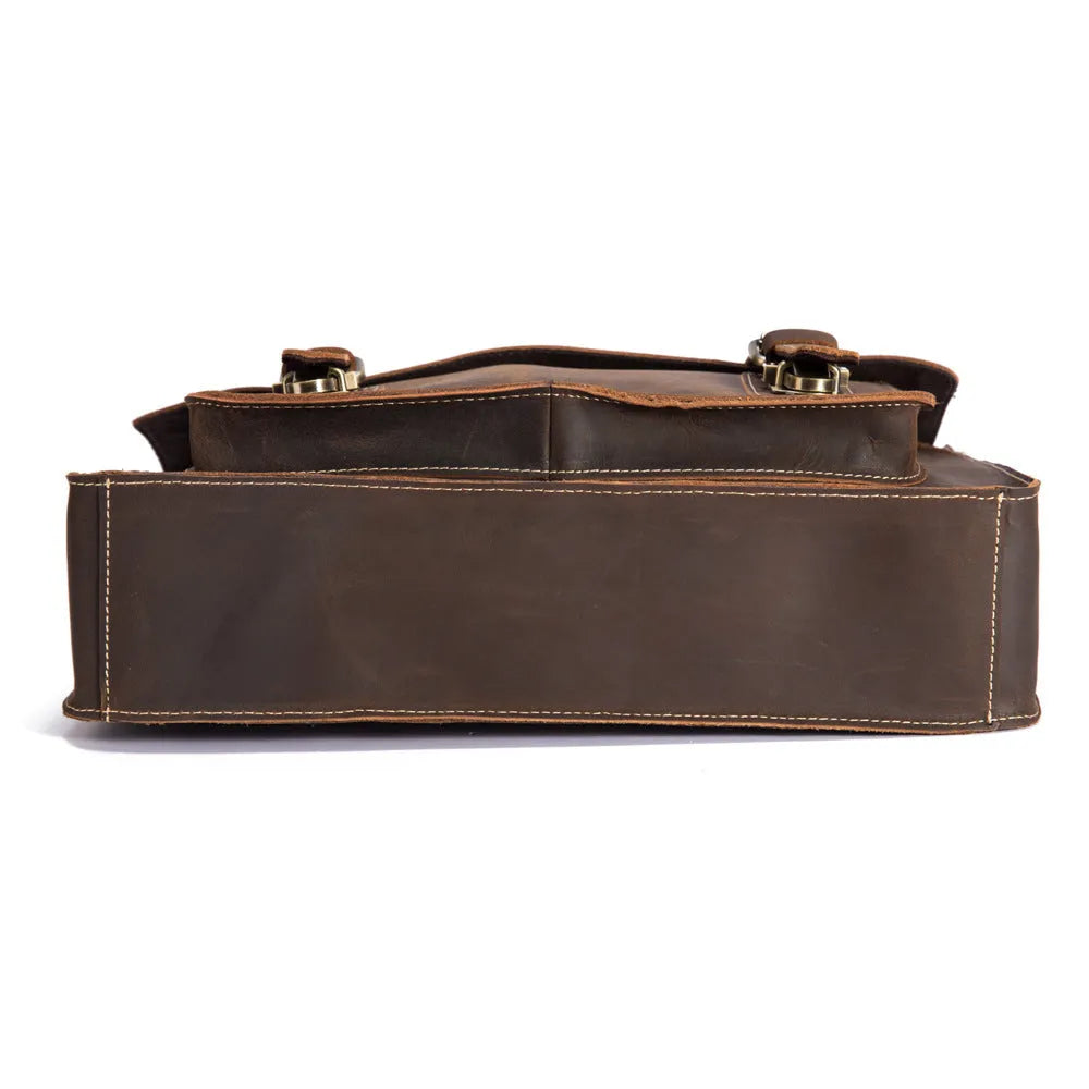 Men's dark brown coffee crazy horseskin leather shoulder bag messenger bag handbag 36cm length