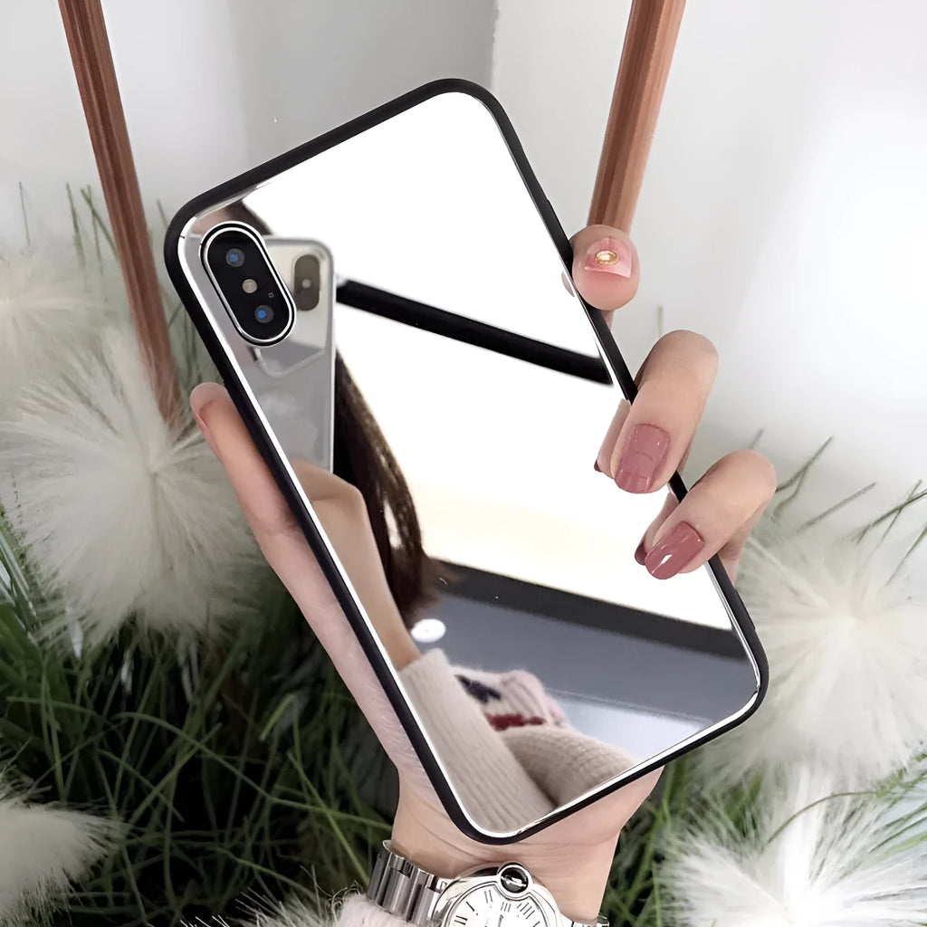 Black iPhone case with a reflective mirror surface on the back, compatible with multiple iPhone models.