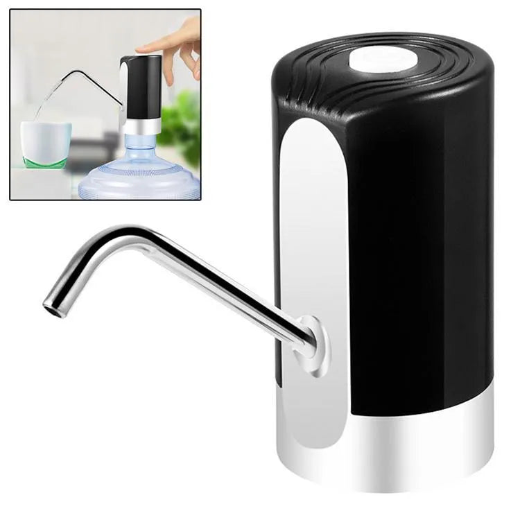 Automatic electric water bottle pump with blue light, USB cord, and black finish on a 5L bottle