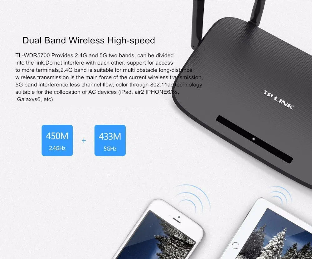 TP-LINK TL-WDR5620 dual band wireless router with 1200Mbps, 4 LAN ports, shown in white and black