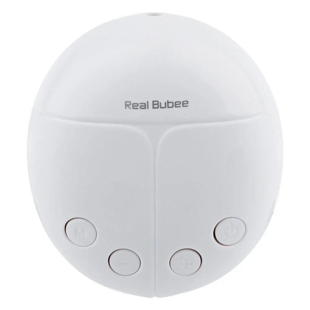 RealBubee USB double electric breast pump with 150ml milk bottle and cold heat pads in purple and white